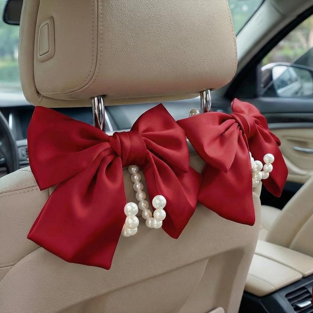 2PCS ซาตินโบว์ Pearl Car Seat Headrest Hooks – Car Bag Holder & Vehicle Hanger for Purse-น่ารักCoque