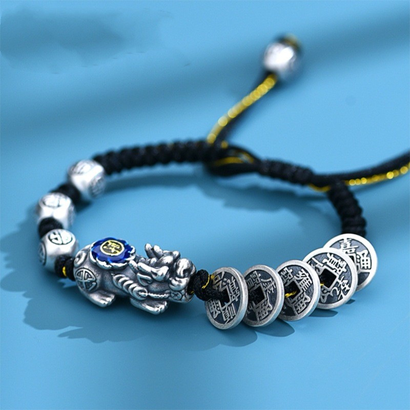 Popular~Chiba Thai Silver Vintage Five Emperors Coin Pixiu Bracelet for Men and Women Couples Handma