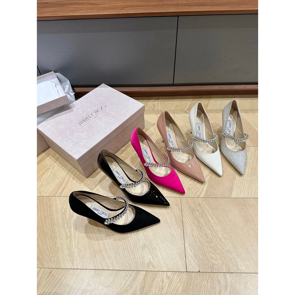 สิทธิบัตรหนัง jc World สไตล์สิทธิบัตรหนังรองเท้าส้นสูง jimmychoo Trim Pointed Toe Rhinestone Rhinest
