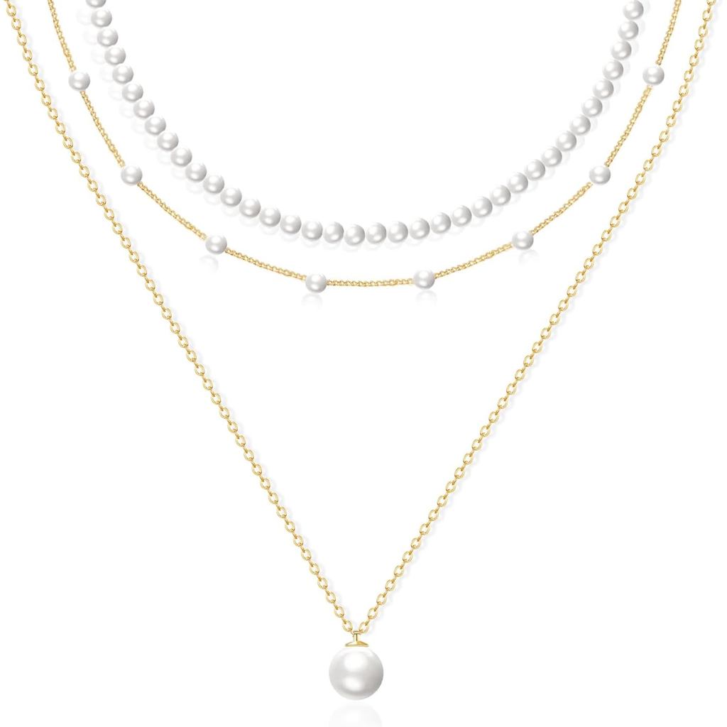 สร้อยคอมุก Zeffy Gold Pearl สำหรับผู้หญิง, เครื่องประดับลายเลเยอร์พร้อมสายคล้องคอนิกเงินและทอง 14K ส