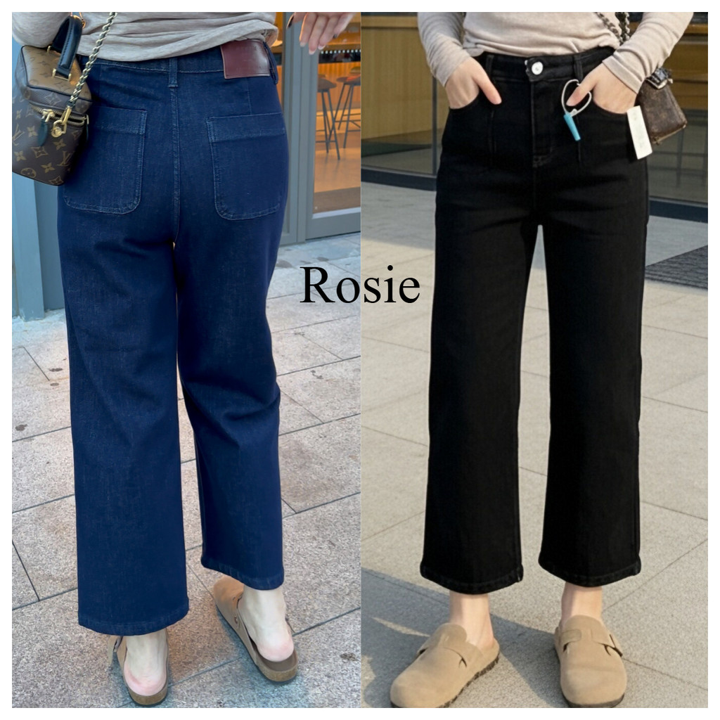 RosieMall 🌹กางเกงยีนส์ทรงตรงยืดหยุ่น มี 2 สีคือสีน้ำเงินและสีดำ เอวสูง สวมใส่สบายและระบายอากาศได้ดี