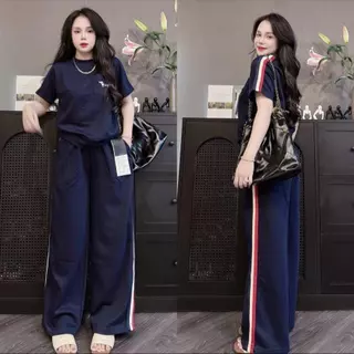 ชุดเซ็ต 2 ชิ้น งานปักน้องหมา แต่งแถบข้าง คอกลม มีกระเป๋าเสื้อ S329 ผ้าวูลเวฟ กางเกงขายาว เอวยางยืด มีกระเป๋าข้างใส่สบาย
