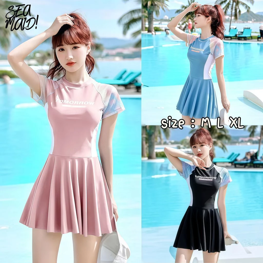 SEA MAID ชุดกีฬาว่ายน้ำ ชุดว่ายน้ำผู้หญิง ชุดว่ายน้ำกระโปรง แขนสั้น💥 มีไซส์ M-XL | น้ำหนัก 40-65 กก. ส่งไว Y053