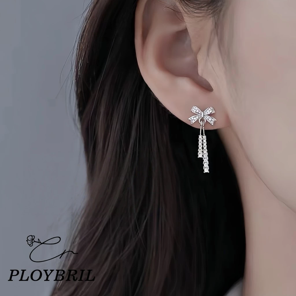 PLOYBRIL ต่างหูเงินแท้ Bow Tassel จี้เพชร Moissanite ต่างหูเพชร ต่างหูแฟชั่น ตุ้มหูเงิน วาเลนไทน์ E060