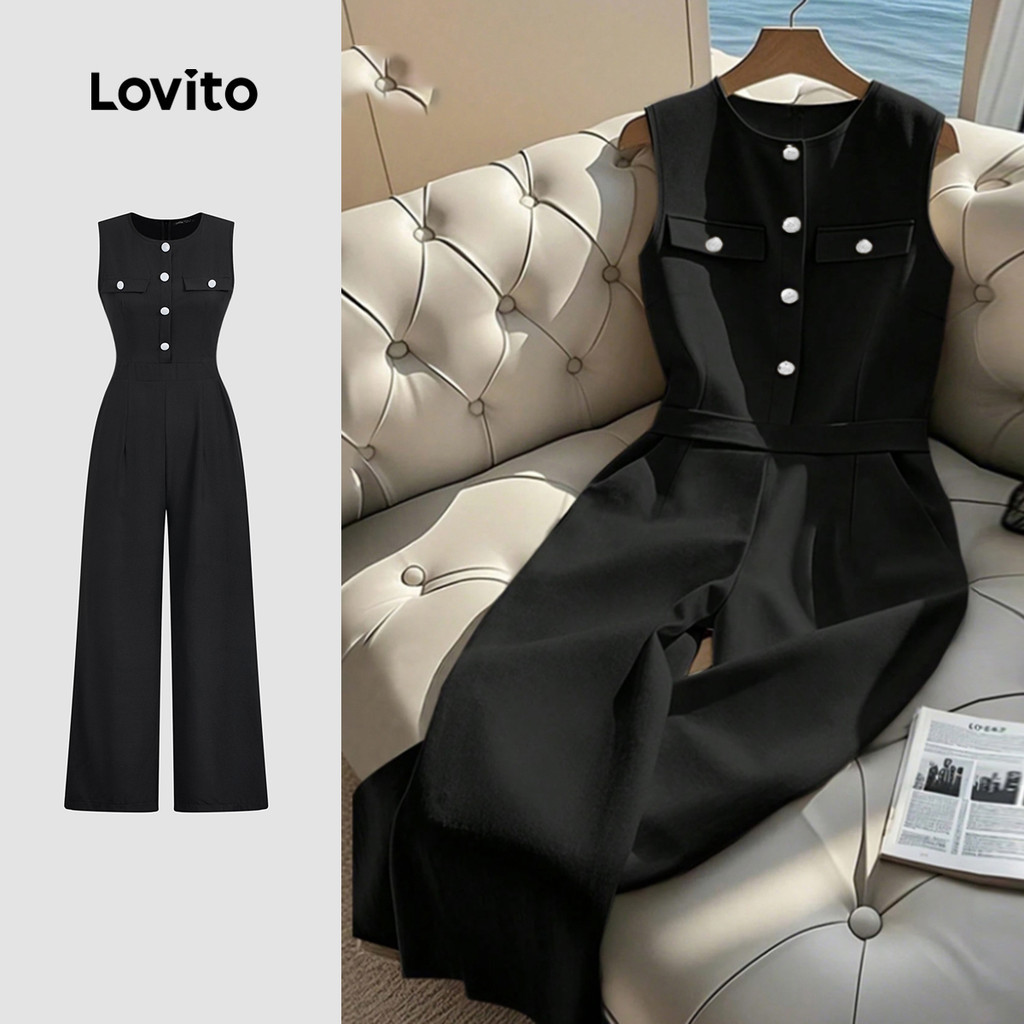 Lovito ชุดจั๊มสูทสีดำเรียบหรูสำหรับใส่ทำงาน สไตล์คลาสสิกและใช้งานได้หลากหลาย เหมาะสำหรับฤดูใบไม้ผลิ/ฤดูร้อน มีกระดุมด้านหน้า L150ED414