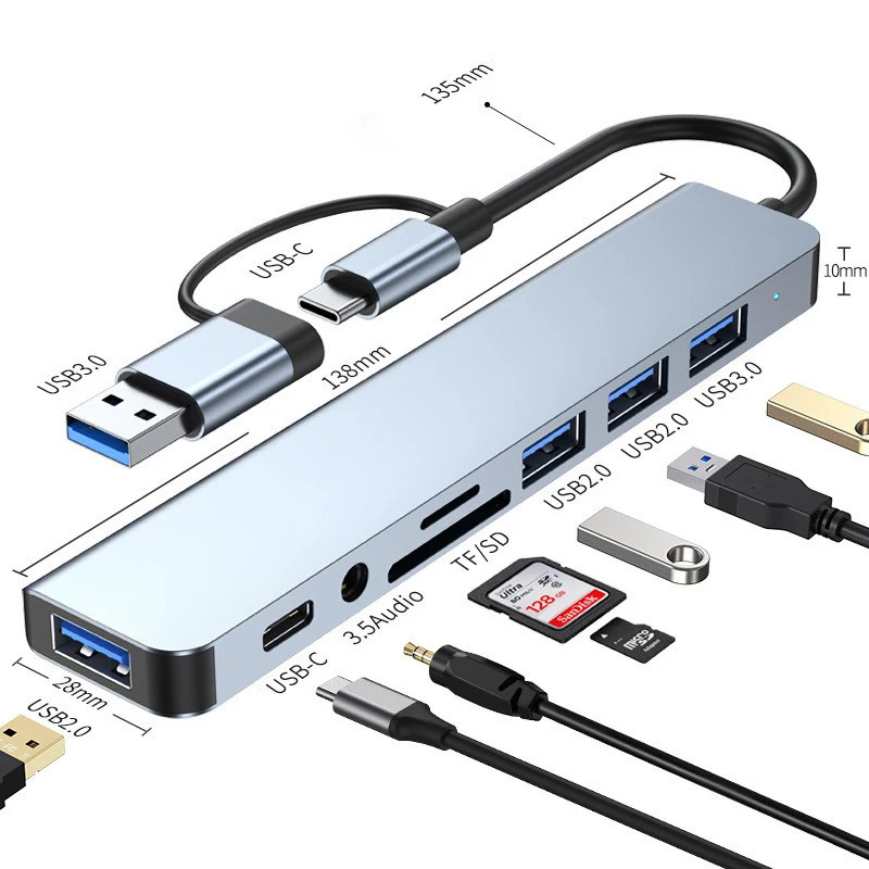 8-in-2 USB Type-C HUB Docking Station 3.5 มม.เครื่องอ่านการ์ด SD เสียงตัวแปลงแล็ปท็อป usb c hub usb 