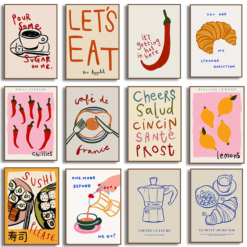 Colourful Cheers พริกผลไม้มะนาว Foodie กาแฟซูชิครัวซองต์ Wall Art โปสเตอร์ห้องครัวผ้าใบภาพวาดพิมพ์ตกแต่งบ้าน