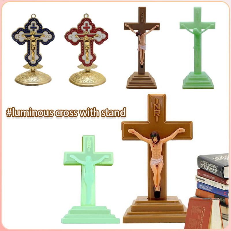 Crosses Glow-in-the-Dark ไม้คาทอลิกพระเยซูสวดมนต์ Cross Crucifix พร้อมขาตั้งศาสนาสวดมนต์ตกแต่งโต๊ะ postermy