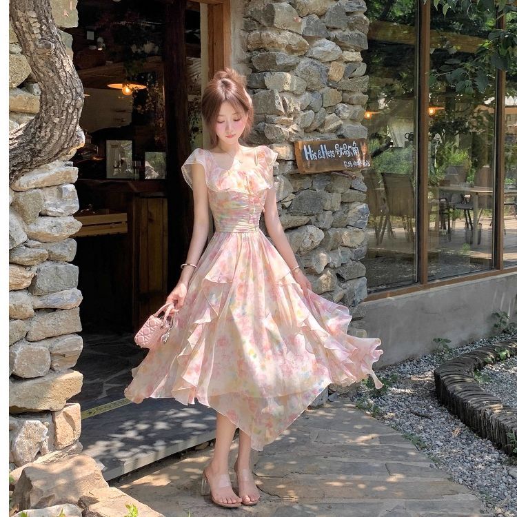 สวยสง่างามริมทะเลวันหยุดดอกไม้แกว่งขนาดใหญ่ชุดฤดูร้อนกระโปรงยาวไหล่เดียว