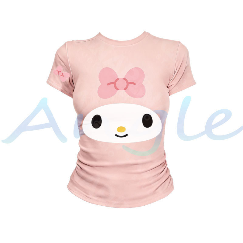 (จัดส่งตลอด 24 ชั่วโมง）Angle Official เสื้อยืดลำลองผู้หญิง พิมพ์ลายหน้ายิ้มสุดน่ารักสไตล์สาวอเมริกัน ทรงเข้ารูป T35