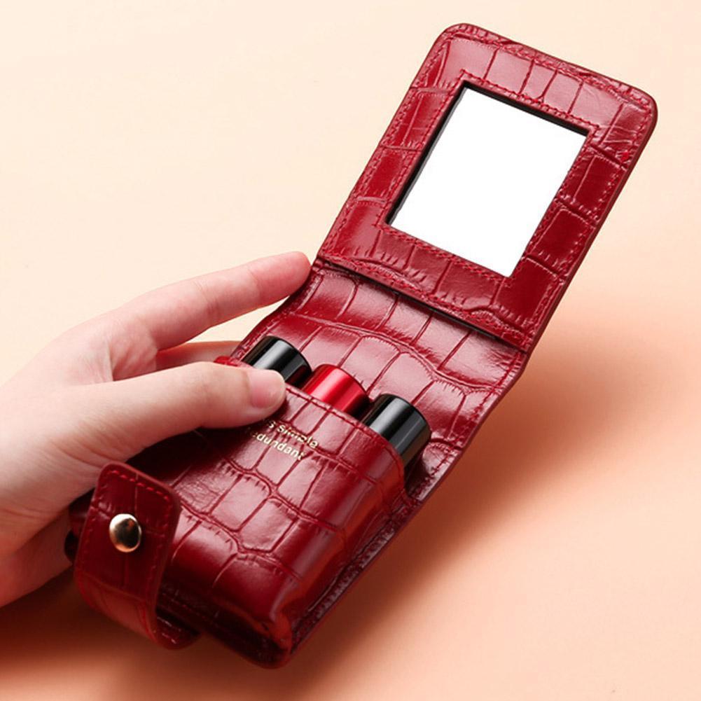 Mini Pu Leather Lipstick Pouch With Mirror Portable Small Cosmetic Bag Storage Bag Y8