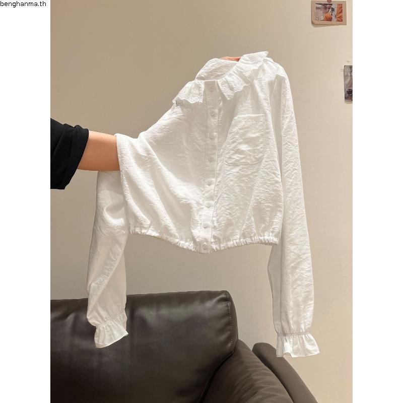 Bemingtop1057(S-XL)-BMG Ruffle Shirt  เสื้อเชิ้ตคอระบายแขนจั๊ม ใส่แล้วดูเรียบร้อยและหวานขึ้นทันที
