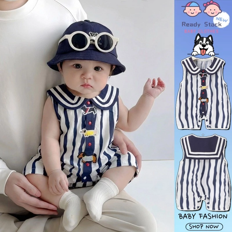 ฤดูร้อนใหม่เสื้อผ้าเด็กบางแขนกุดกองทัพเรือปก เจ ผู้ตัดสิน 4-36เดือนสบายระบายอากาศสุดน่ารักลายลูกสุนัขสไตล์เกาหลีบอดี้สูท