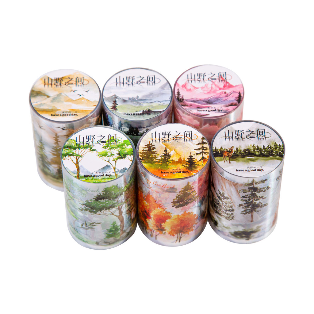 ระหว่างวันที่สวยงามเทป PET Mountain Wild Series Mountain Forest ภูมิทัศน์คู่มือตกแต่งวัสดุรอบสติกเกอร์ 6 รูปแบบ