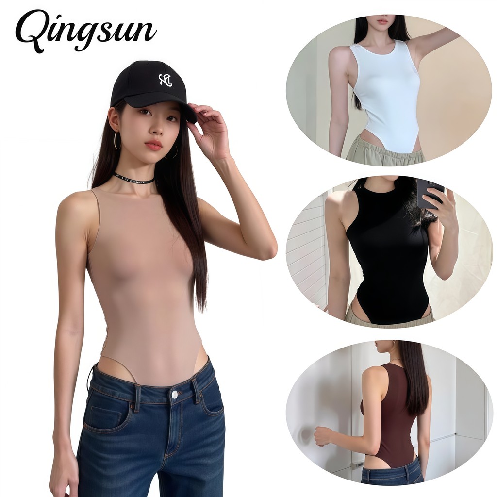 Qingsun ผู้หญิง สีเรียบ แนบเนื้อ บอดี้สูท เสื้อกล้าม สบายๆ เอวเข้ารูปร่างเพรียว เซ็กซี่เจาะรู เหมาะกับฤดูร้อน LTY01-0