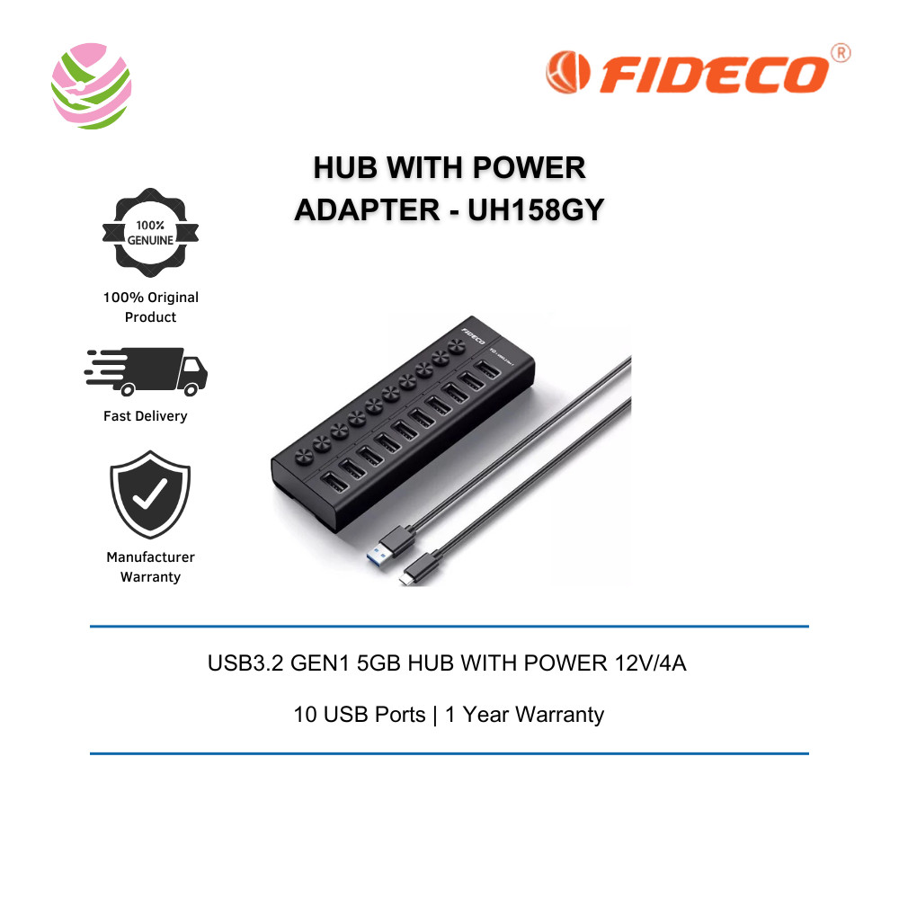 FIDECO(HKG010C)-10 PORT TYPE-C(AC) USB3.2 GEN1 5GB HUB พร้อมกําลัง 12V/4A - UH158GY