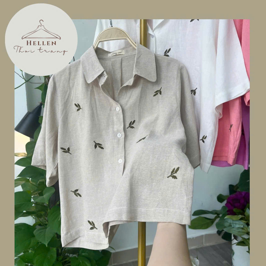 เสื้อครอปสตรี LINEN พร้อมปกเสื้อใบบัว, ดีไซน์ปักใบไม้, แขนสั้น, หนุ่มและสวย - เสื้อปักใบไม้