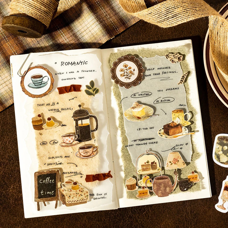 Journal GO 30pcs Vintage Tea ดื่มวันสติกเกอร์กาแฟเวลาสมุดภาพวัสดุ Collage Junk Journal การ์ดอัลบั้มต