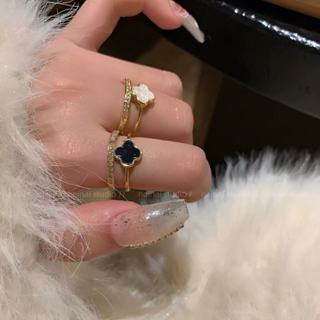 แหวนเพทายสีดำสไตล์มินิมอล เปิดโคลเวอร์สี่ใบสองชั้น สำหรับผู้…