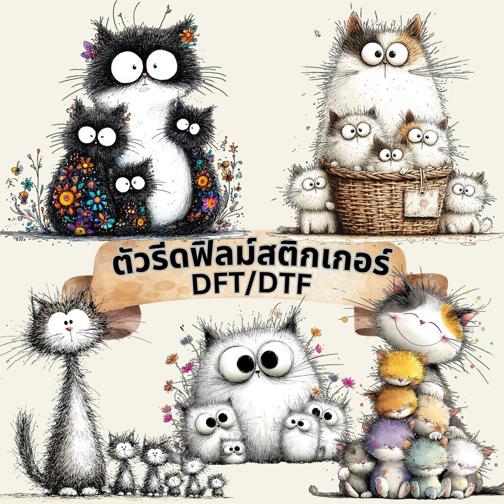 ตัวรีดติดเสื้อ ครอบครัวแมว ลูกแมว น่ารัก ฟิลม์รีดร้อน พิมพ์ลาย สกรีนลาย ฟิลม์ DFT DTF