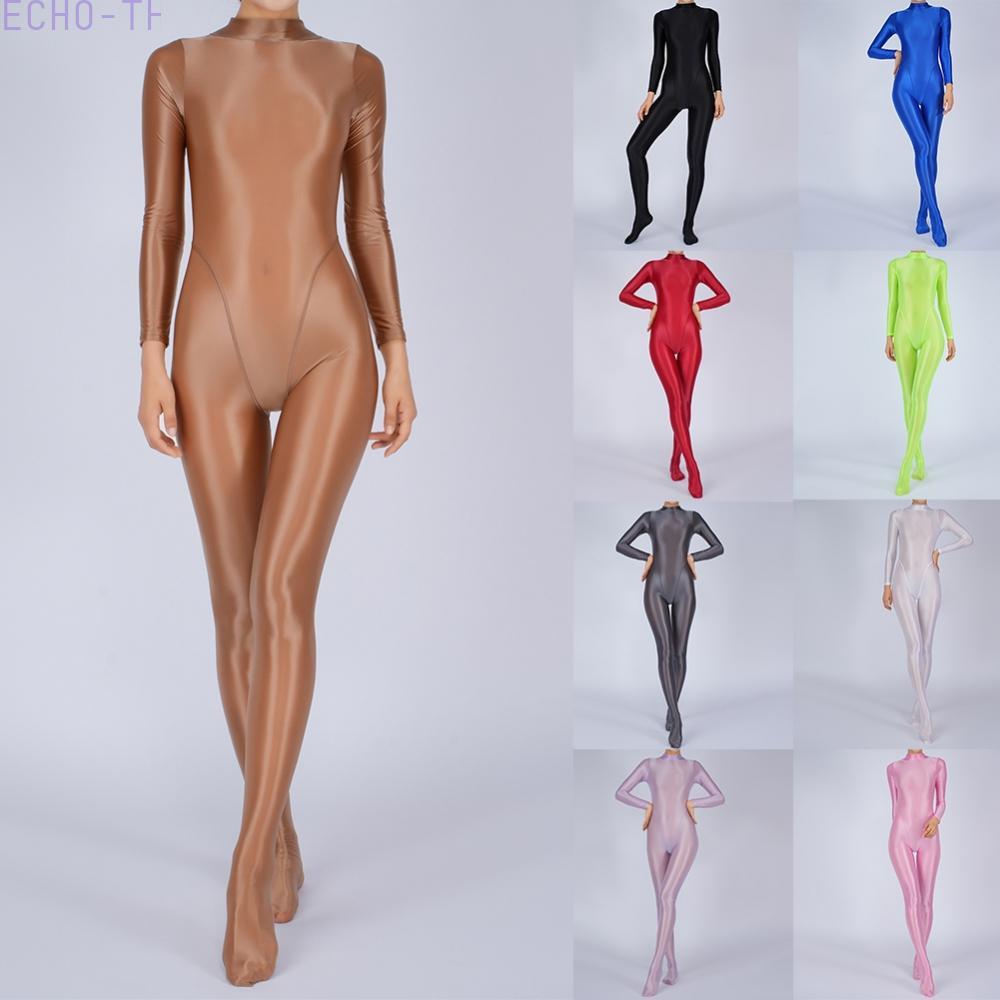 【ECHO】Women's Glossy Shiny Silky Bodysuit Jumpsuit with Swimsuit Leggings in Tight Fit【Echo-baby】