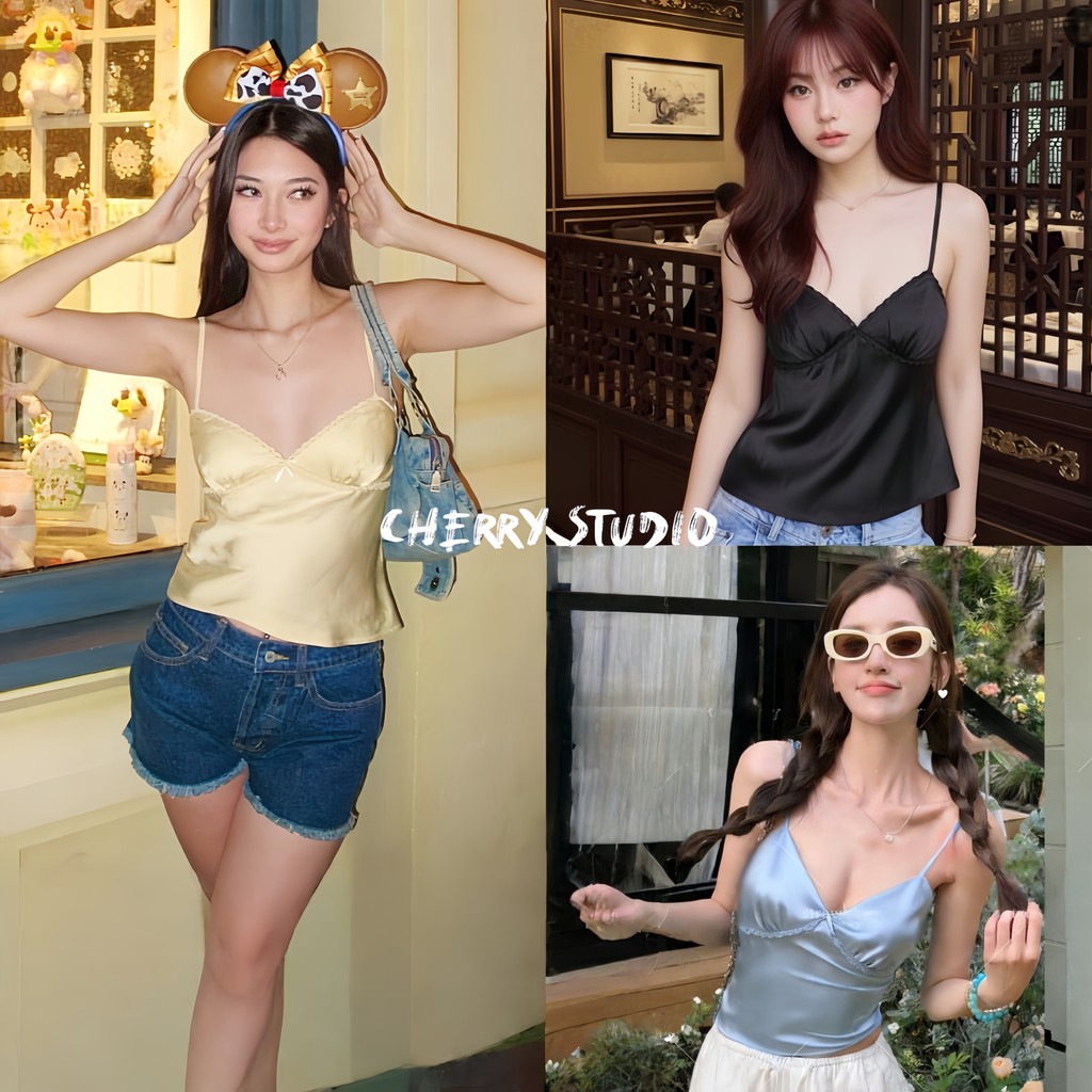 Cherryพร้อมส่ง✨Belinda Topเสื้อสายเดี่ยวผู้หญิง สีพื้นเสื้องานผ้าซาติน ผ้าใส่สบายมากกกไม่มีซับในสีละมุนน่ารักแอบเซ็กซี่