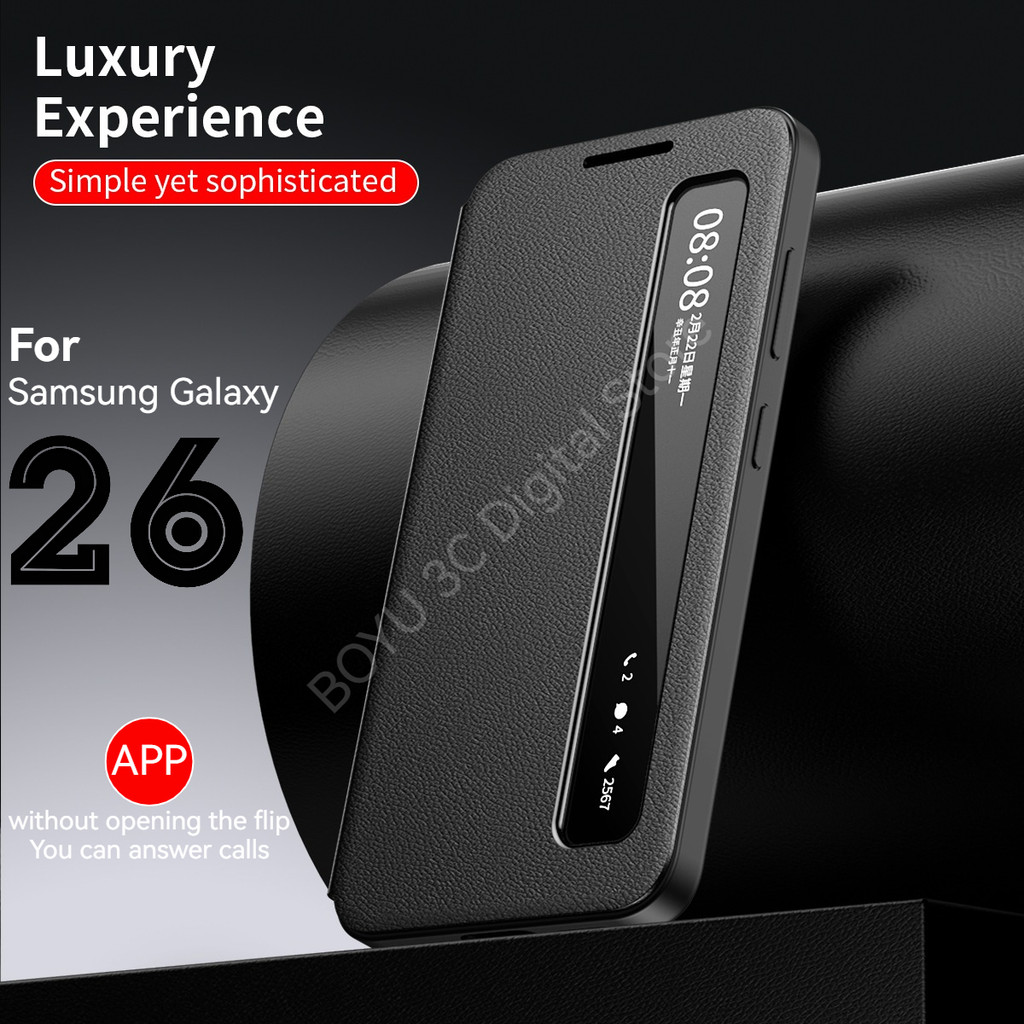 2026 APP หรูหราหนังเคสโทรศัพท์สําหรับ Samsung Galaxy S26 S25 S24 S23 S22 Ultra Plus S25FE Edge Flip สมาร์ทจอแสดงผลหน้าต่างใส – โปรปัง
