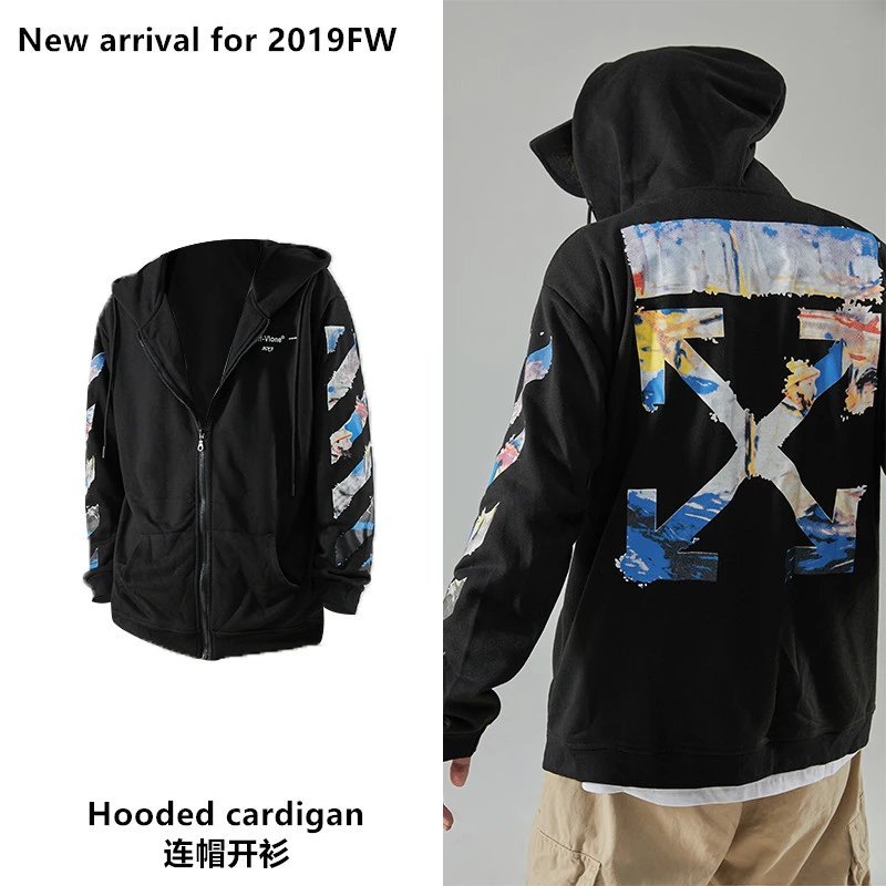 OFF-VLONE ฤดูใบไม้ร่วงฤดูหนาวสีขาว Monet ภาพวาดสีน้ํามัน Graffiti OW Arrow Hooded เสื้อกันหนาวผู้ชาย