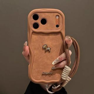 Luxury Leather Brown Wavy Grain Metal Pony Phone Case for iPhone 17 Pro Max 16 15 14 13 12 11 Casing Shockproof Camera Lens Protection Silicone Anti-drop Back Cover IPhone