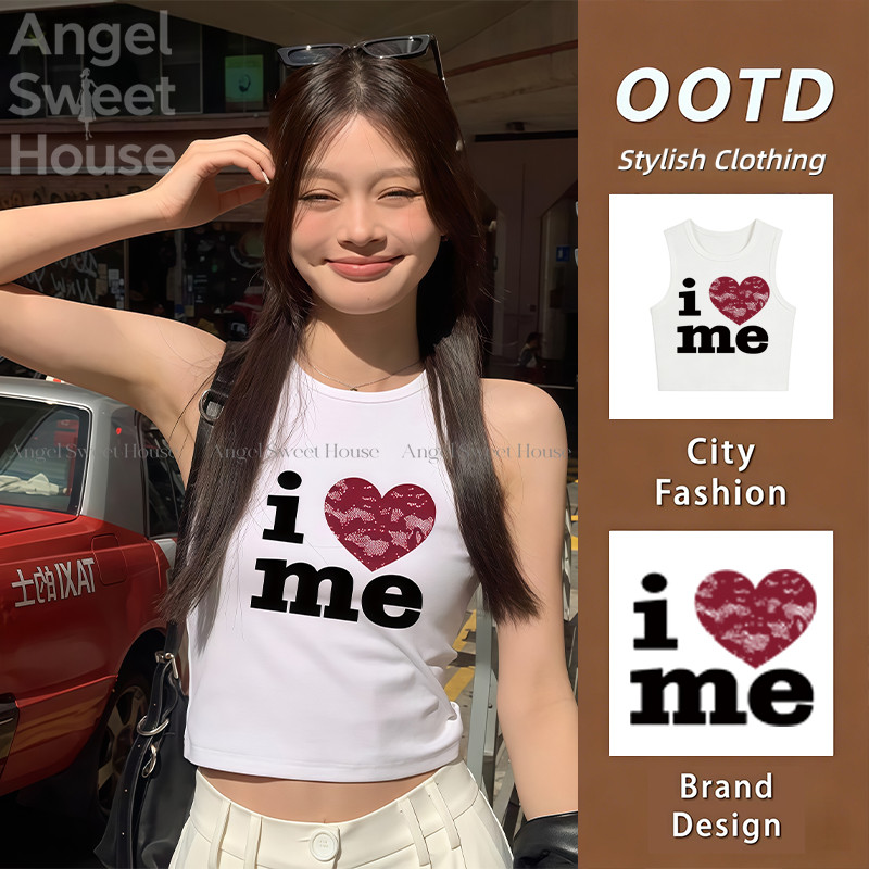 (จัดส่งตลอด 24 ชั่วโมง）Angel Official Crop Top - ตัวอักษรแฟชั่นที่เรียบง่ายพิมพ์เสื้อยืดแขนสั้นสำหรับสุภาพสตรี