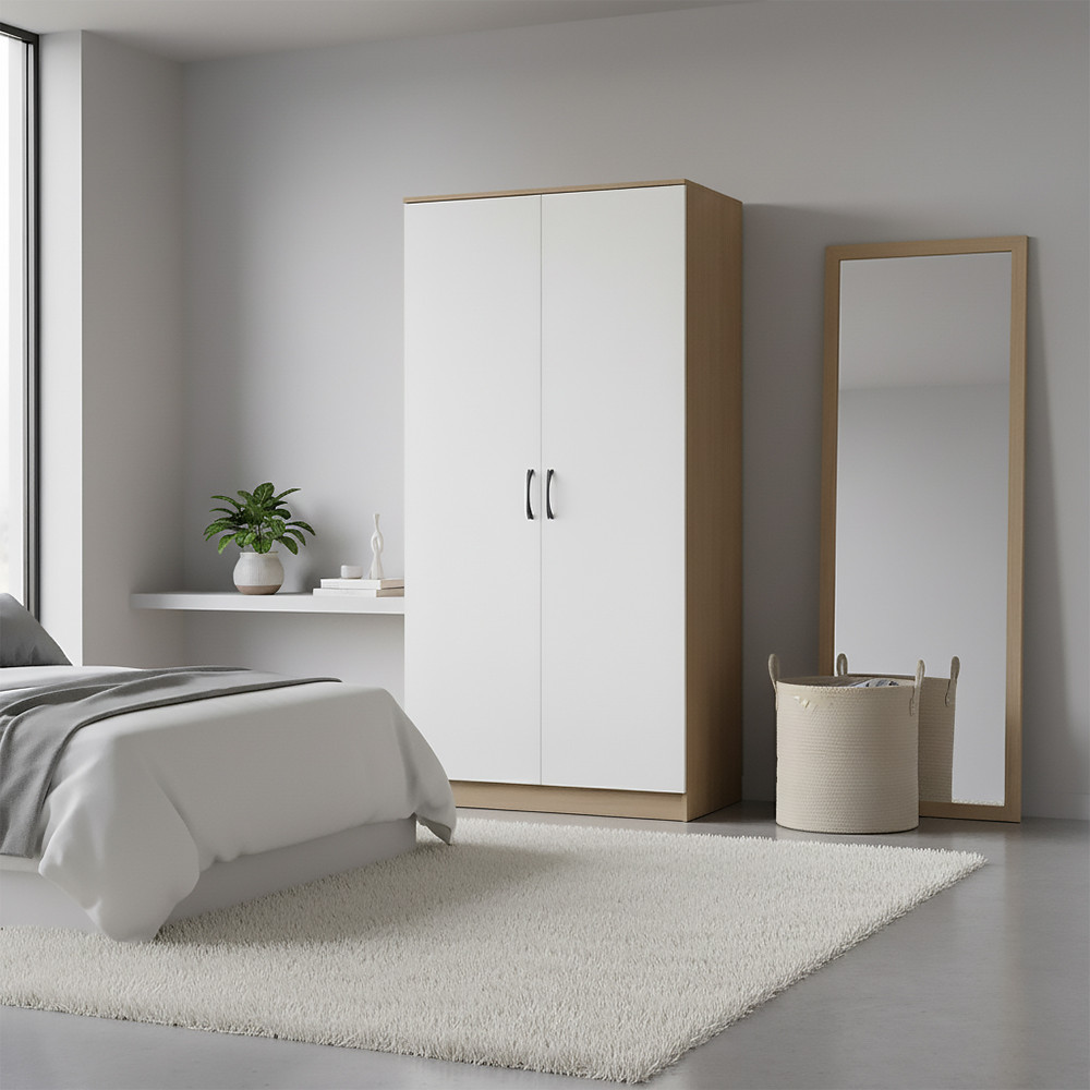 Furinbox ตู้เสื้อผ้า 2 บาน รุ่นเฟส ขนาด 90 ซม. - สีธรรมชาติ/ขาว - รูปที่ 4