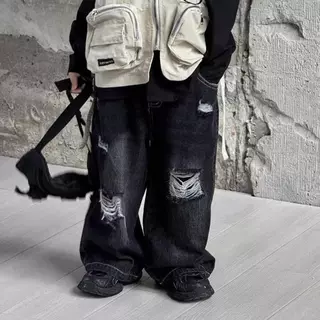 เด็กกางเกงยีนส์กางเกงกางเกงยีนส์ฉีกตรงสีดําแฟชั่นเย็นผ้านุ่มเบาระบายอากาศ.ขนาด90-150