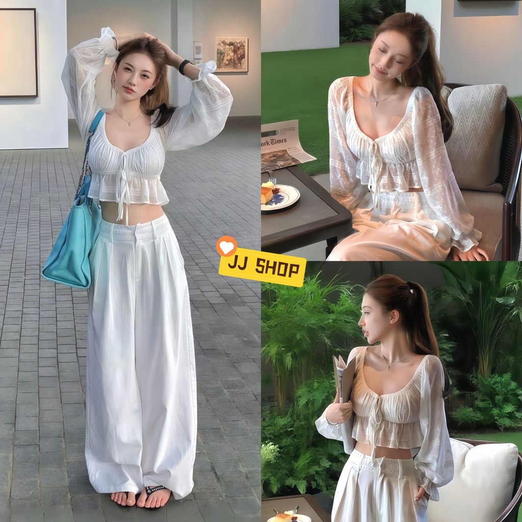 JJ Shop​💜พร้อมส่ง เสื้อผู้หญิงแขนยาวผ้าบางดีไซน์ผูกเอว เสื้อยืดหลวมโชว์หน้าท้อง-FY1164