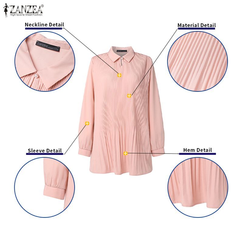 ZANZEA ผู้หญิงเกาหลี Elegant Officewear ปก 3/4 แขนโคมไฟ Pleats Hem Midi A-Line เสื้อเบลาส์ — صورة 7