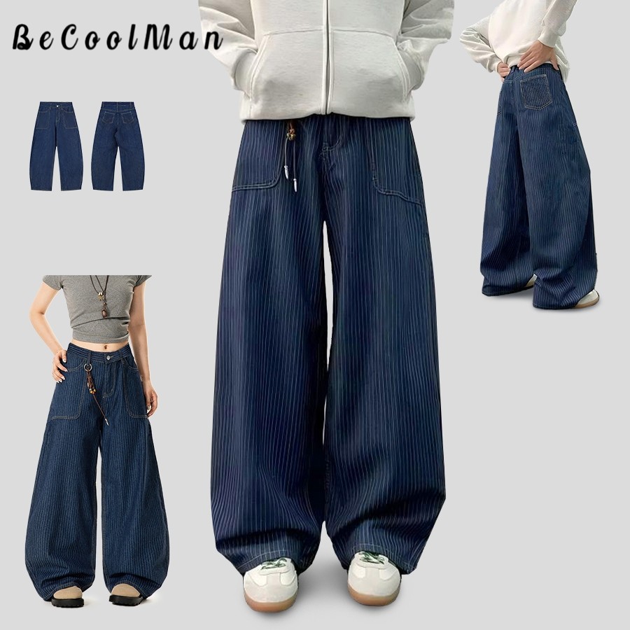 💥BecoolMan💥ยอดนิยมสไตล์อเมริกัน กางเกงยีนส์ลายทาง สีน้ำเงินเข้มวินเทจ แบบหลวม ทรงตรง ใส่ได้ทั้งชายและหญิง