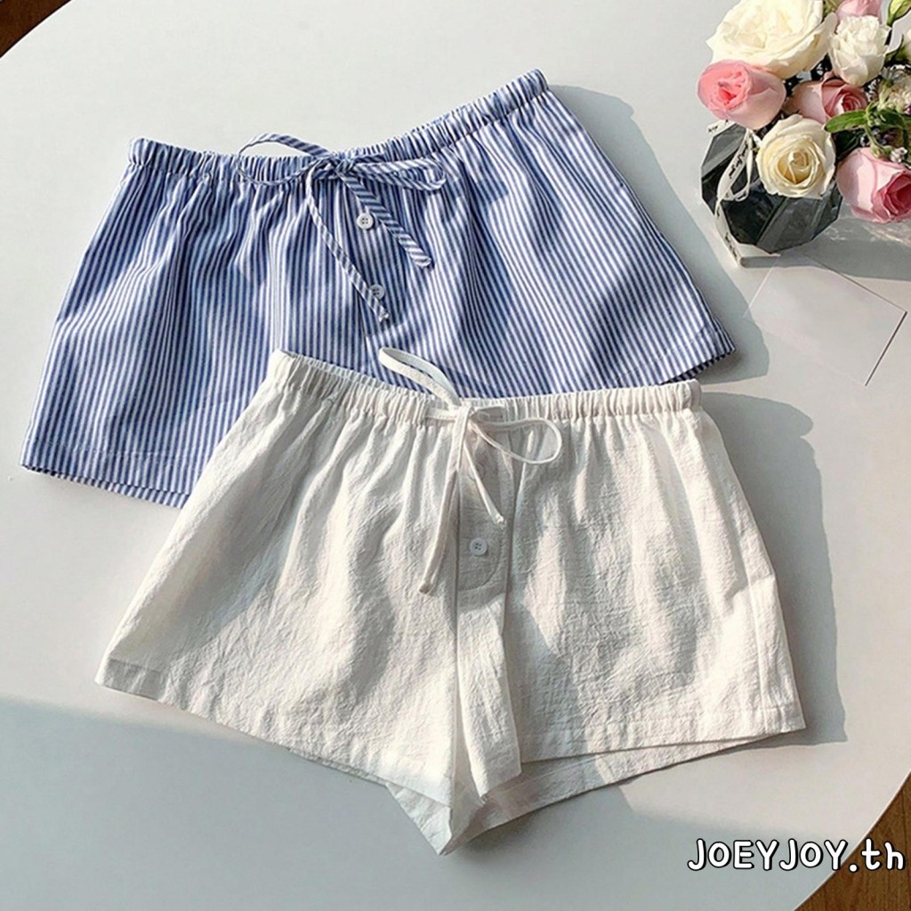 กางเกงขาสั้นมินิผู้หญิง.Drawstring เอวยางยืด สไตล์ลำลองสำหรับฤดูร้อน สีทึบและพิมพ์ลายลายทาง