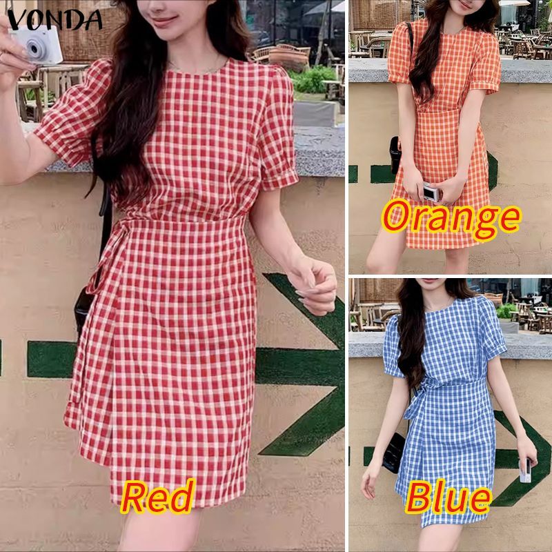 VONDA ชุดเดรสสไตล์ GIRLISH RETRO สำหรับผู้หญิง ดีไซน์ลูกเรือ คอพัฟ แขนทีไวน์ ลายสก๊อตแบบ A-LINE — صورة 3