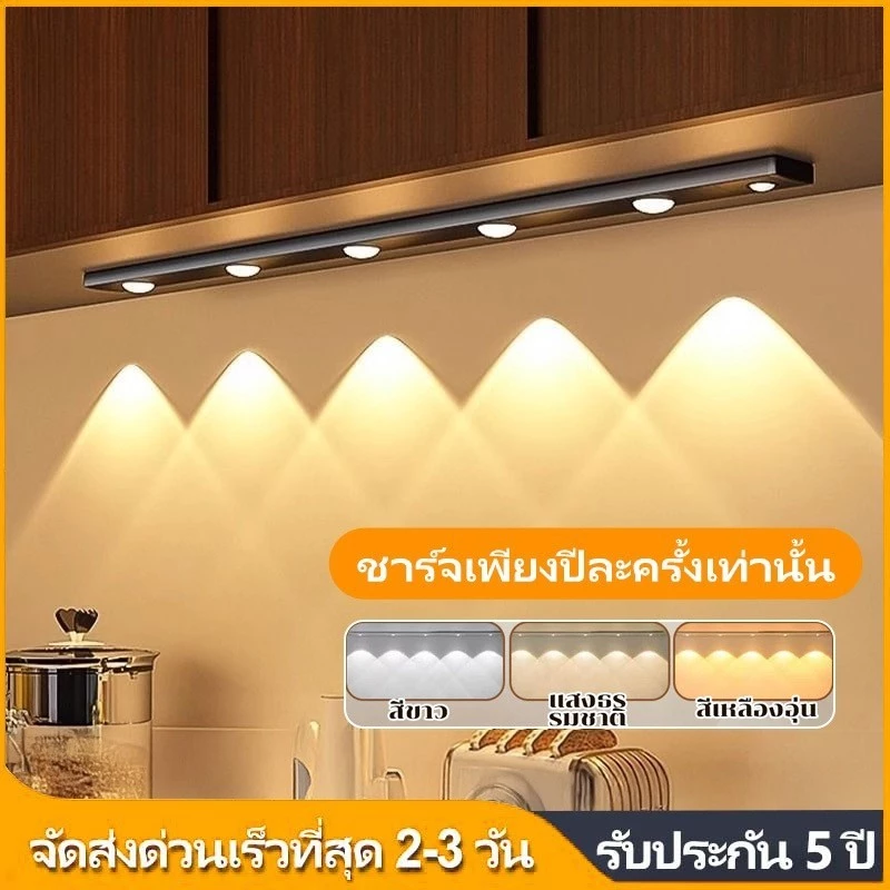 ไฟเซ็นเซอร์ โคมไฟ LED ไฟหัวเตียง แถบไฟ LED เซ็นเซอร์อัตโนมัติ 3 สี แบบชาร์จ USB ไร้สายกาวในตัว