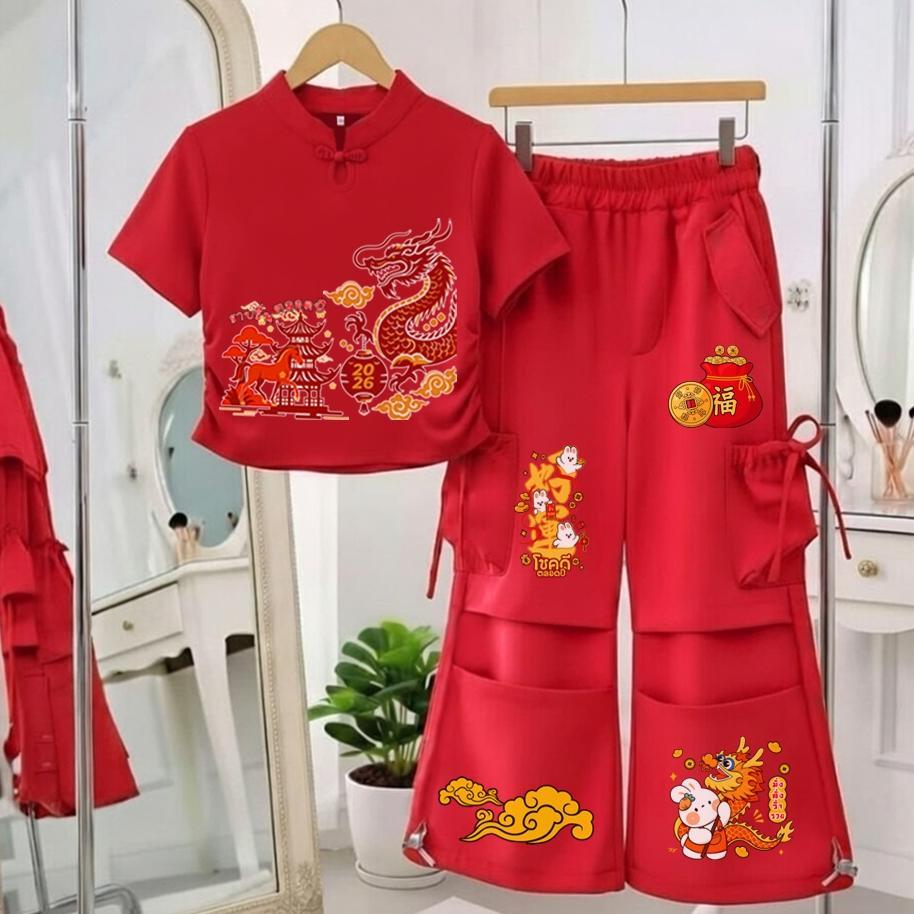 PINKชุดเซ็ทเด็ก2ชิ้น เสื้อตรุษจีนลายมงคล เสื้อคอจีน+กางเกงคาร์โก้แต่งโบว์ สไตล์เกาหลี9481