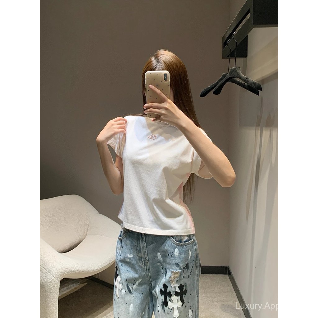 [1: 1 โลโก้รุ่นที่ถูกต้อง] D Di แขนสั้น 25Ss ฤดูใบไม้ผลิฤดูร้อนสไตล์ใหม่เย็บปักถักร้อยรอบคอบินแขนเสื