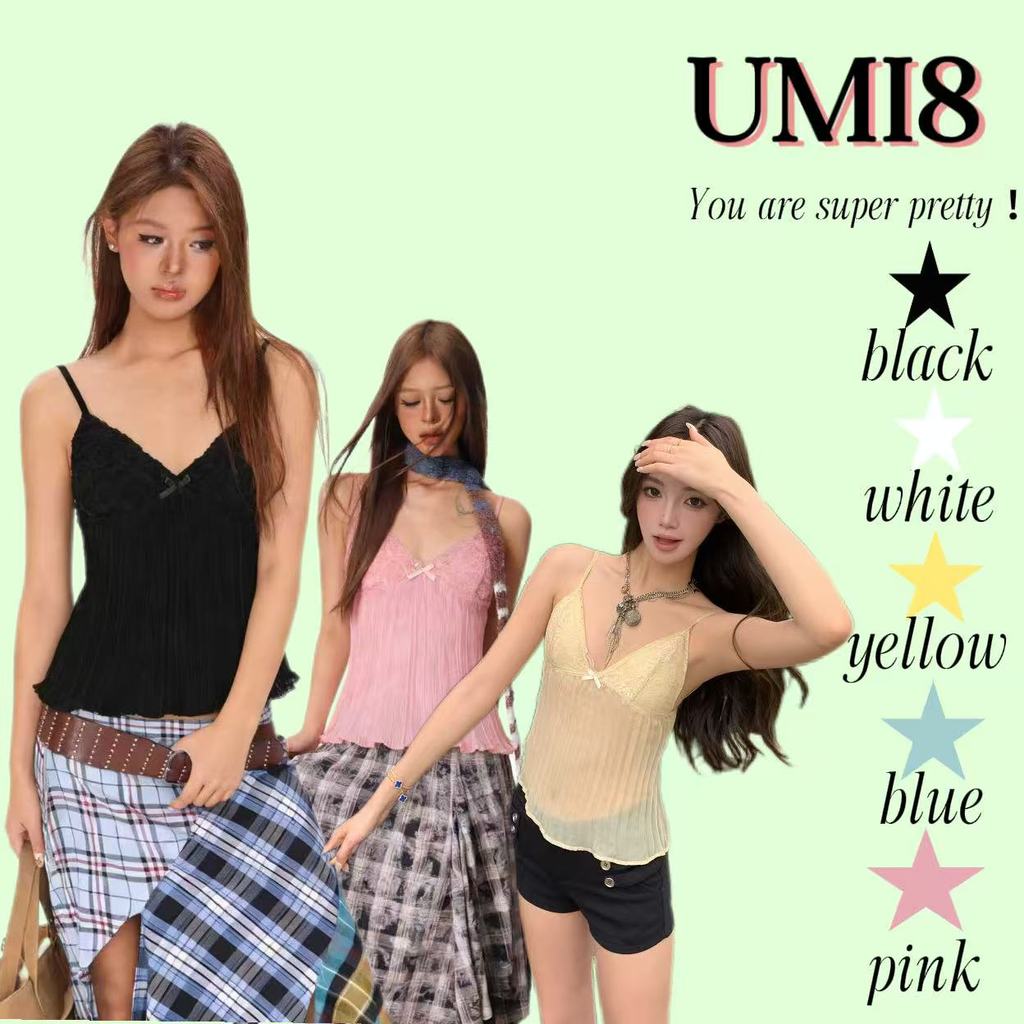UMI8💝【ในสต็อก】💝 เสื้อครอปทรงเบบี้ดอลล์ ดีไซน์ระบายลูกไม้ คอวี เสื้อแขนกุดทรงเรียบง่าย