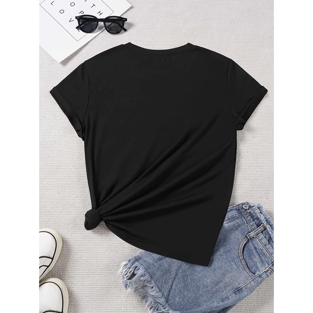 เสื้อยืดผู้หญิงสีดำลายดอกกุหลาบทอง คอกลมแขนสั้น thumbnail 3