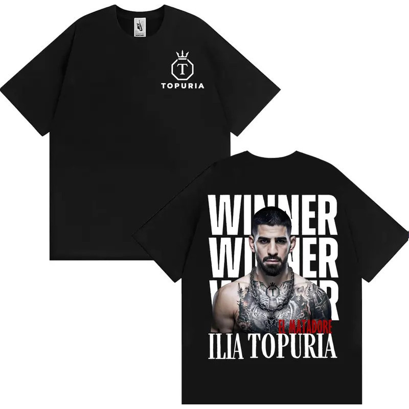 ผู้ชนะ เสื้อยืดวินเทจ El Matador Ilia Topuria เสื้อยืดแฟชั่นผู้ชายและผู้หญิง เสื้อยืดฮิปฮอปที่กำลังเ