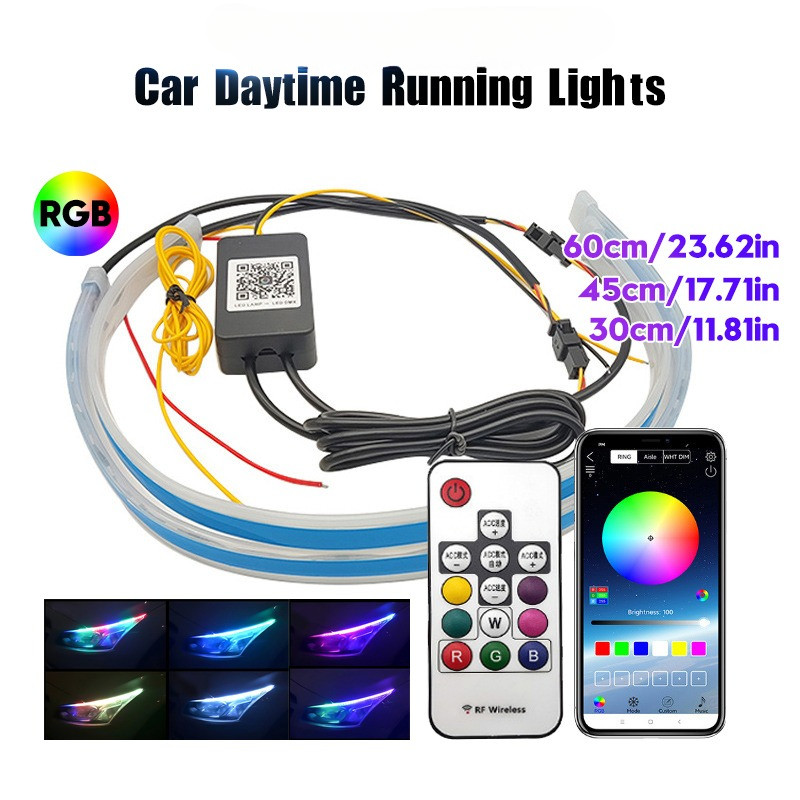 COD 2 ชิ้น RGB ไฟวิ่งกลางวัน App ควบคุม DRL 12 โวลต์ Universal ยืดหยุ่นไหล LED Strip เลี้ยวไฟสัญญาณสําหรับไฟหน้า