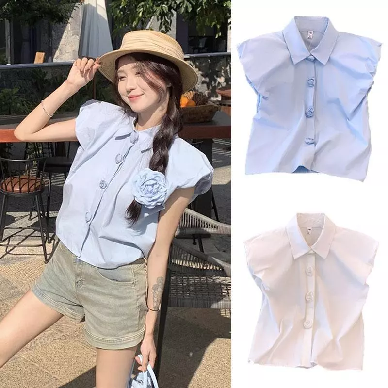 C&T#เสื้อเชิ้ตปกสั้น ฤดูร้อนของผู้หญิง แขนพอง เสื้อลายดอกไม้ #w590