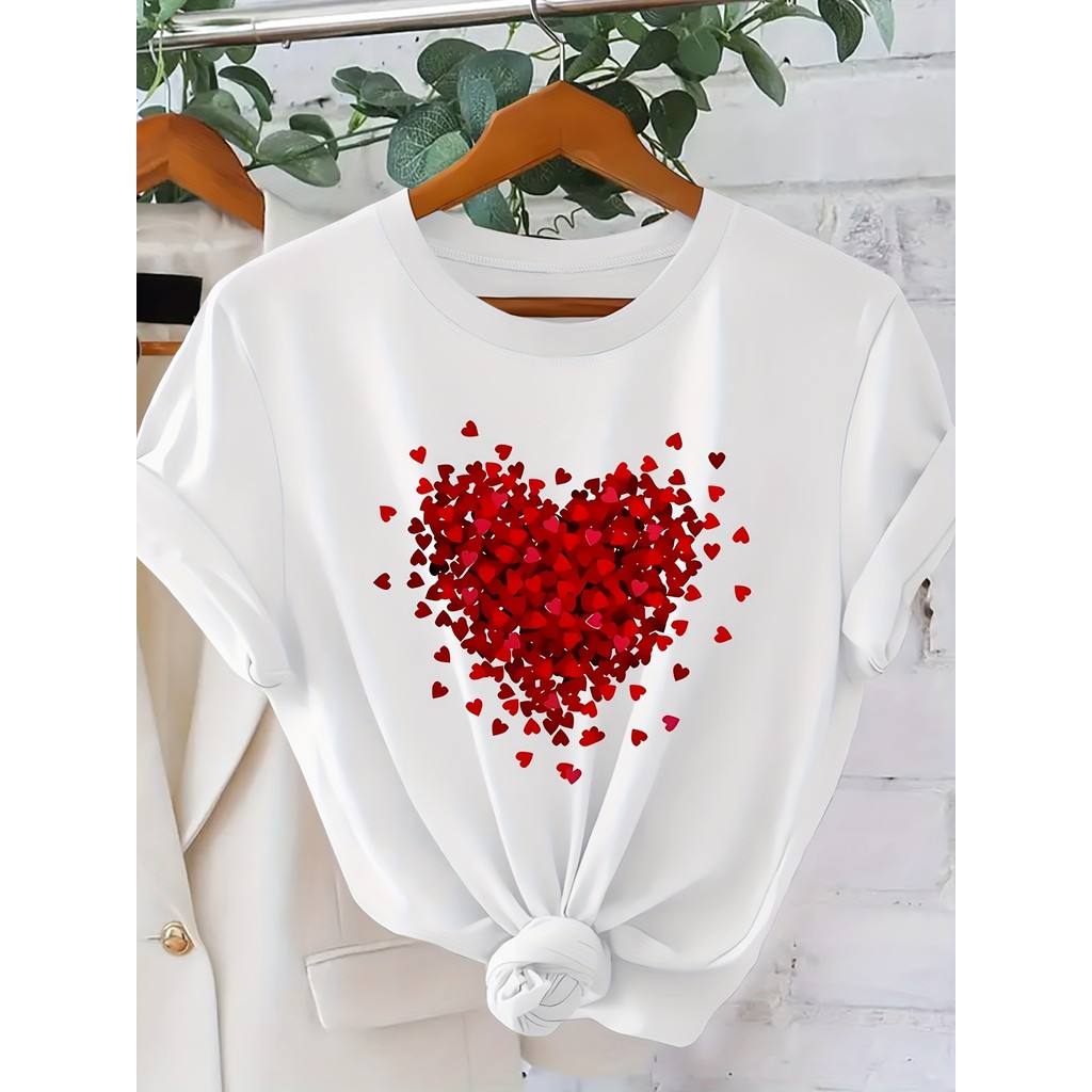 ท็อปสปอร์ตแขนสั้นพิมพ์ลายหัวใจสีแดง โรแมนติก น่ารัก เสื้อผ้าผู้หญิงวินเทจที่สง่างามสำหรับของขวัญวันวาเลนไทน์ สวยงาม เหมา