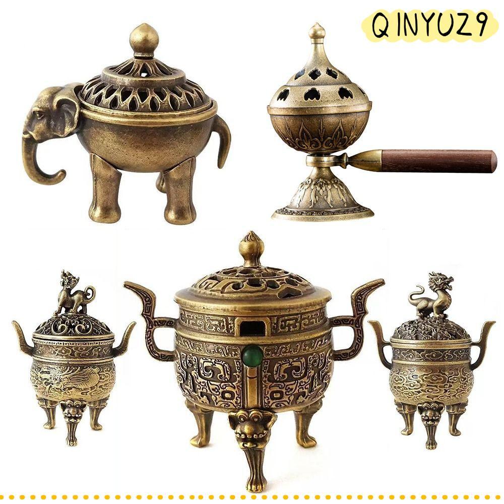 QINYUZ9QX กระถางธูปไม้จันทน์, กลวงออกปีม้า Lotus ธูป Censer, ช้าง Lucky Vintage Alloy พร้อมที่จับเตาสามขา