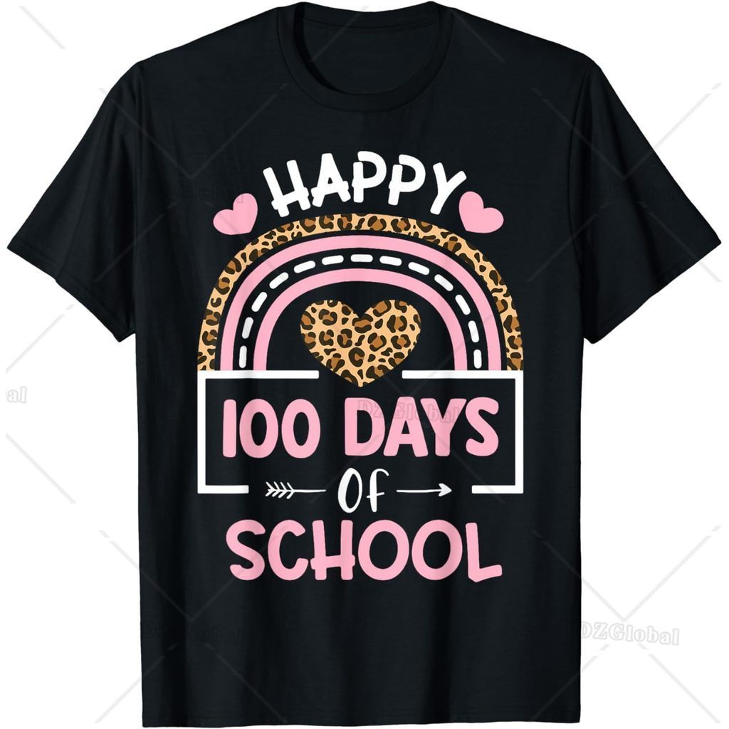 Leopard Rainbow Happy 100th Day School Cute 100 Days Teacher T-Shirt  Women Clothing  Kawaii Clothes