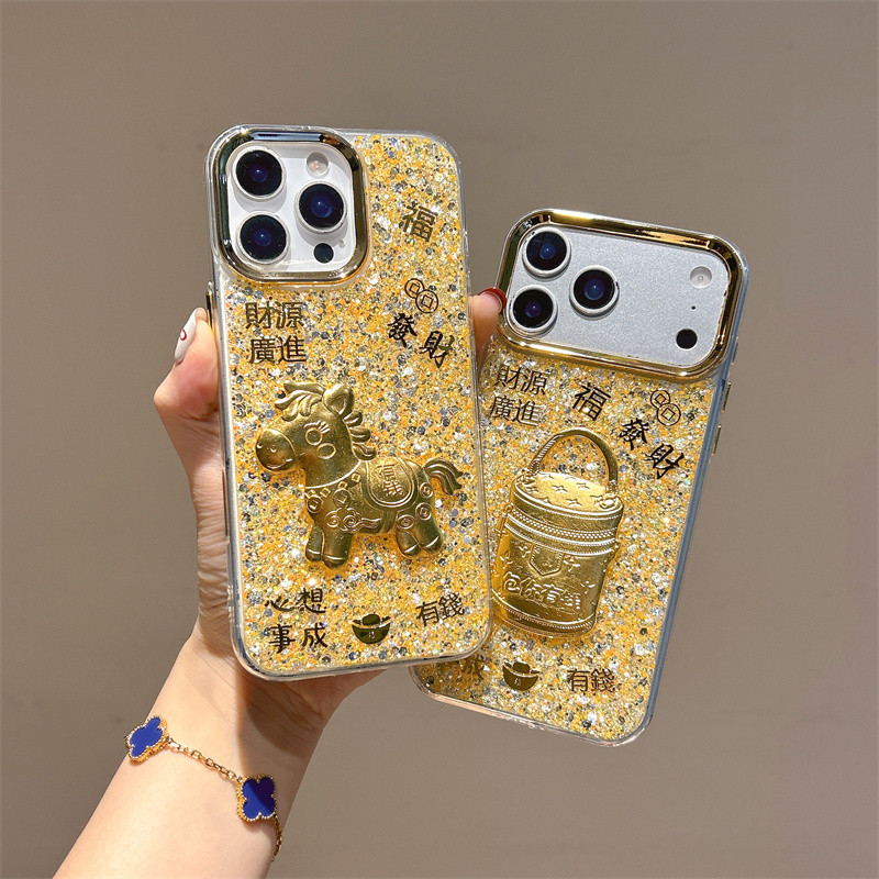 เคสไอโฟนโพนี่ 3 มิติแวววาวสีทองเหมาะสําหรับ ไอโฟน 17 มือโปร สูงสุด, ไอโฟน 17 16 15 14 13 12 11