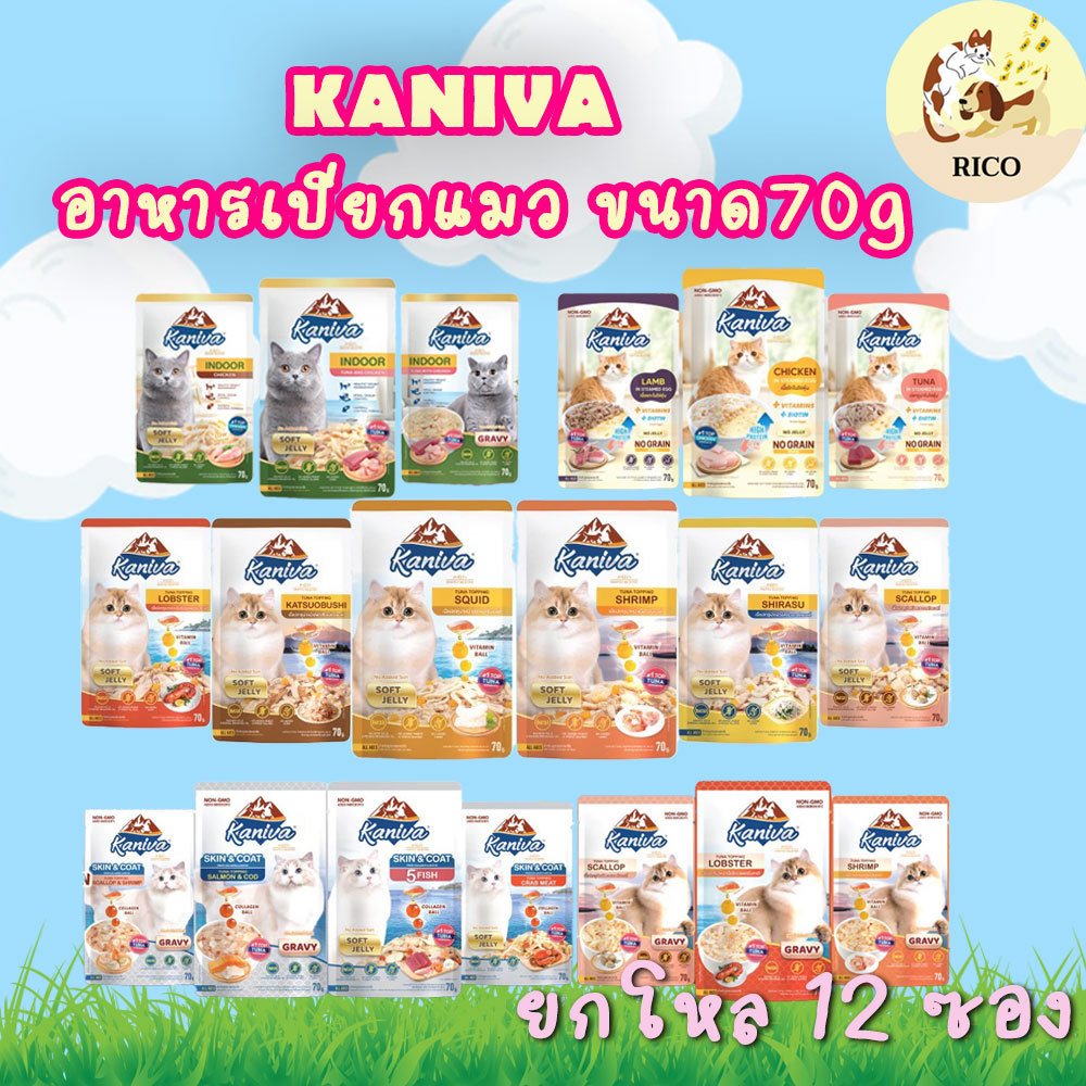 (ยกโหล) Kaniva Pouch อาหารแมว แบบเปียก คานิว่า ผสม Vitamin Balls ขนาด 70g (x12 ซอง)